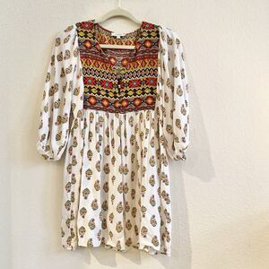 Umgee USA‎ Womens Cream Boho Print Dress Puff Sleeve Partial Button V Neck S